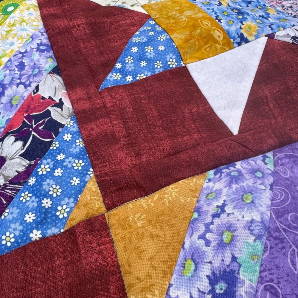 Vintage Handmade Star Patchwork Quilt Burgundy Floral Mason Jar Embroidery 60x60